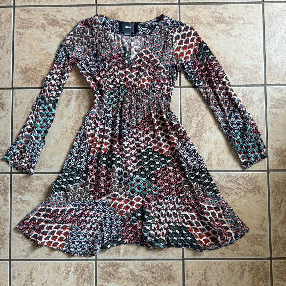 Anthropologie Maeve Monaco Fan Print Long Sleeve Dress Size XSmall Babydoll Boho - Picture 9 of 12